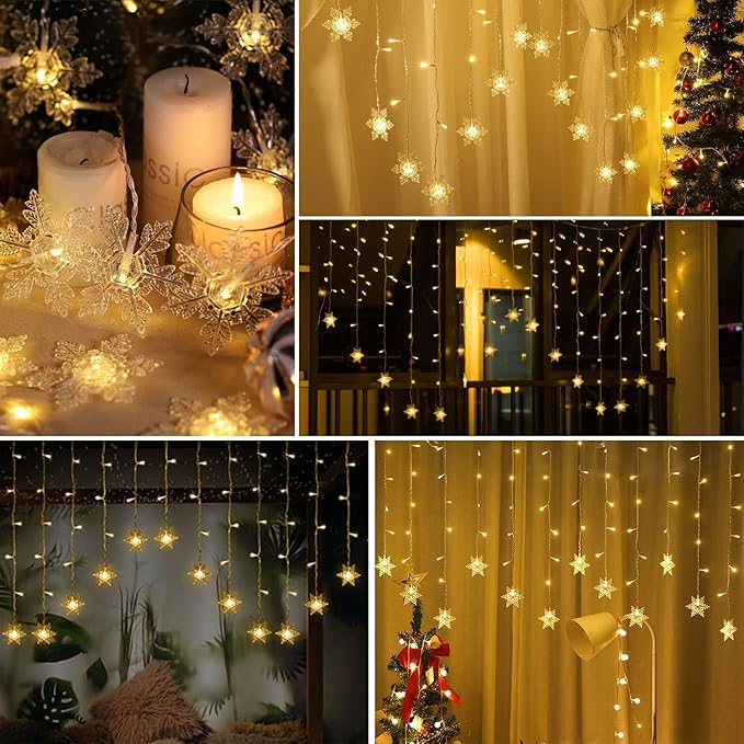 LED Curtain Lights,9.84ft/3M 96 LED Snowflake Curtain String Lights Plug-in Window Curtain Lights with 8 Modes Decoration for Christmas, Wedding, Party,Wall, Home Decorations